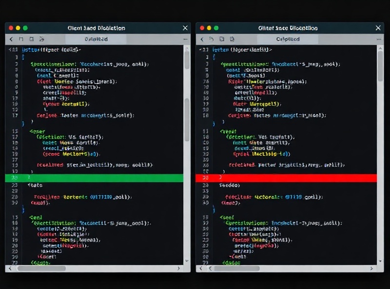 JSONComparator interface showing two JSON panes side by side with color-coded diff highlights for added keys in green, removed keys in red, and unchanged paths in neutral gray